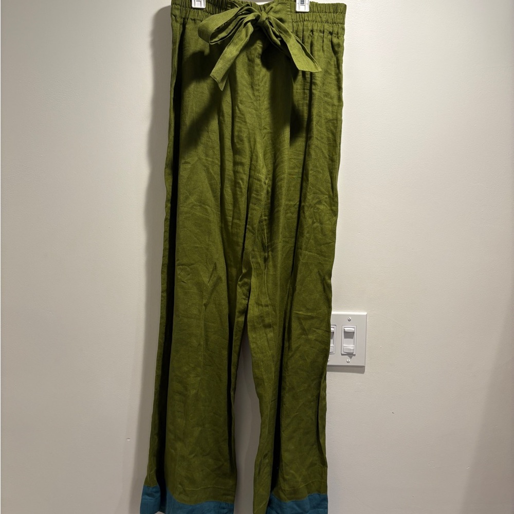 notPERFECTLINEN Moss Green and Teal Wide Leg Pants- XL